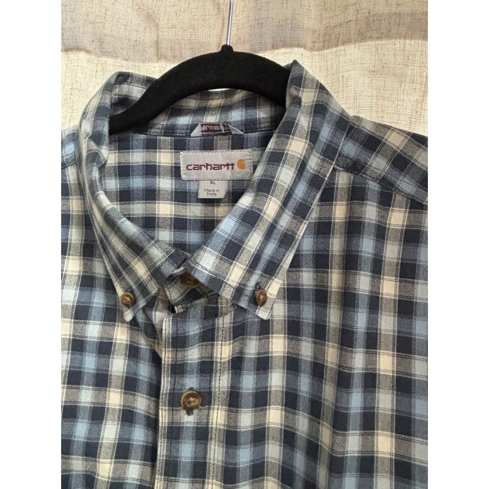 Carhartt Mens XL Blue Plaid Shirt Relaxed Fit Button Up Short Sleeve Cotton